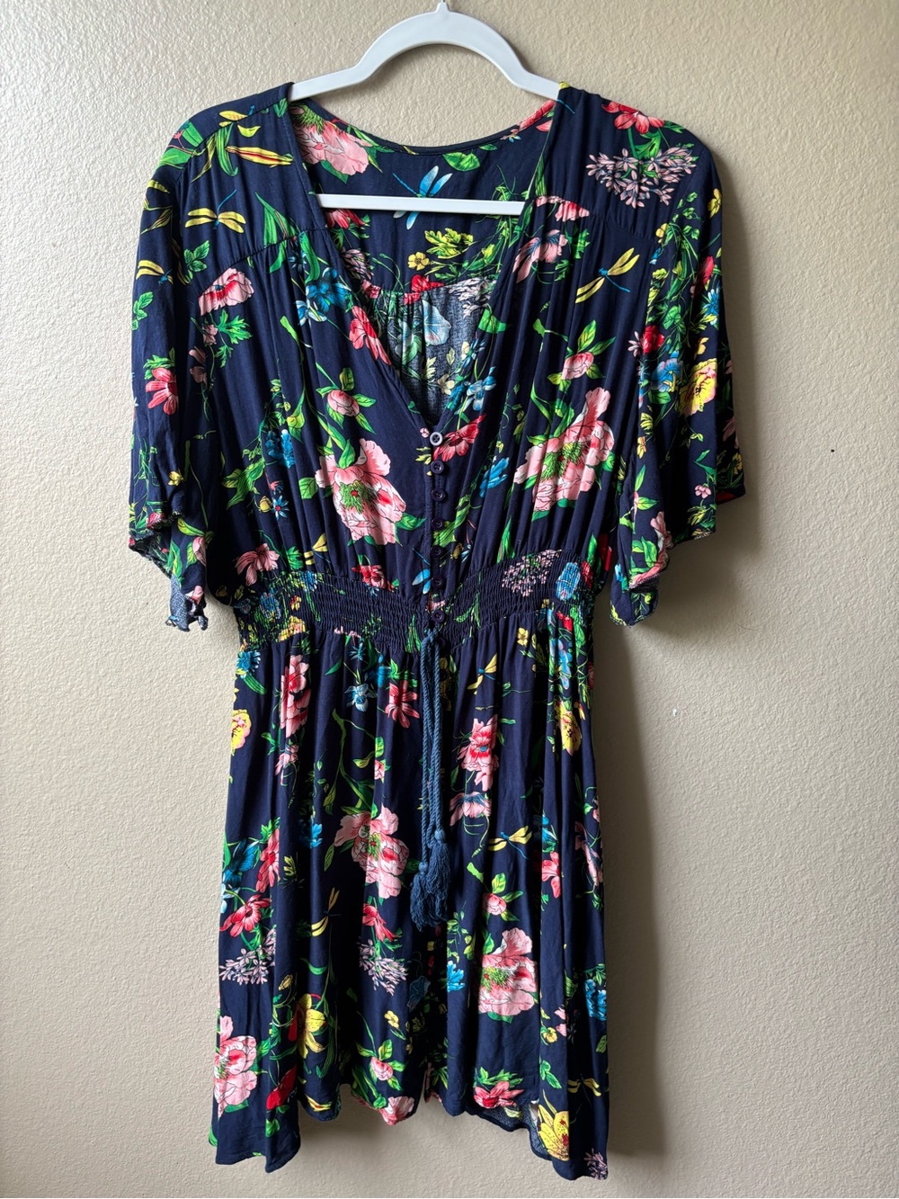 Women's Navy Floral V-Neck Mini Dress